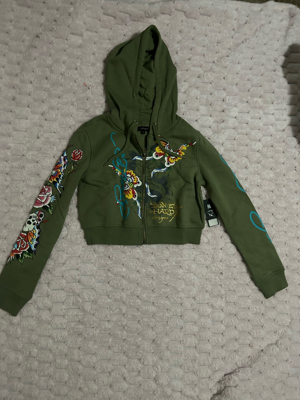 Ed Hardy Olive Green Cropped Zip Hoodie with Colorful Tattoo Prints